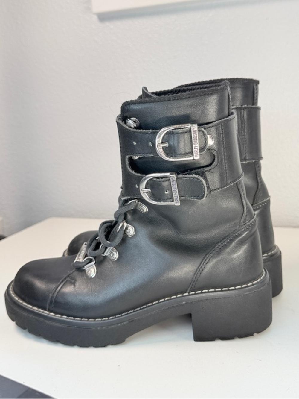 Harley Davidson Leather Moto Combat Boots Womens Size 6 Black Buckle
